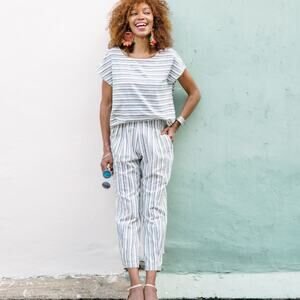 MATTER Prints Woven Cotton Blue Cream Striped All Day Jumpsuit 2 M